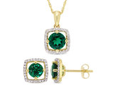 1.80 Carat (ctw) Lab-Created Emerald and Diamond Earrings and Pendant Set in 10K Yellow Gold